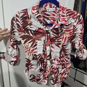 New York & Company Red and Brown Leaf Pattern Blouse